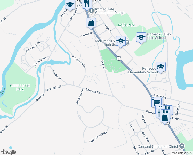 map of restaurants, bars, coffee shops, grocery stores, and more near 70 Maplewood Lane in Concord