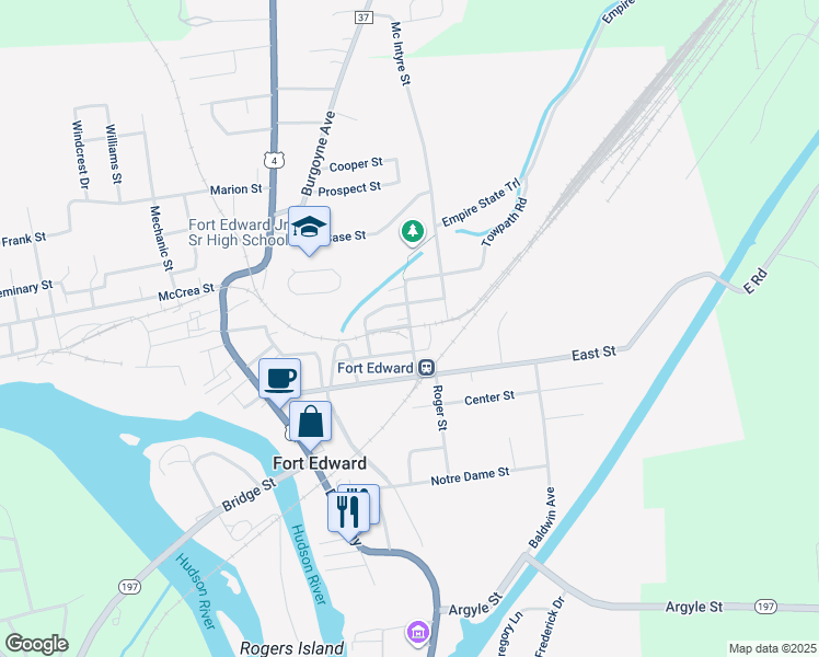 map of restaurants, bars, coffee shops, grocery stores, and more near Wing Street in Fort Edward