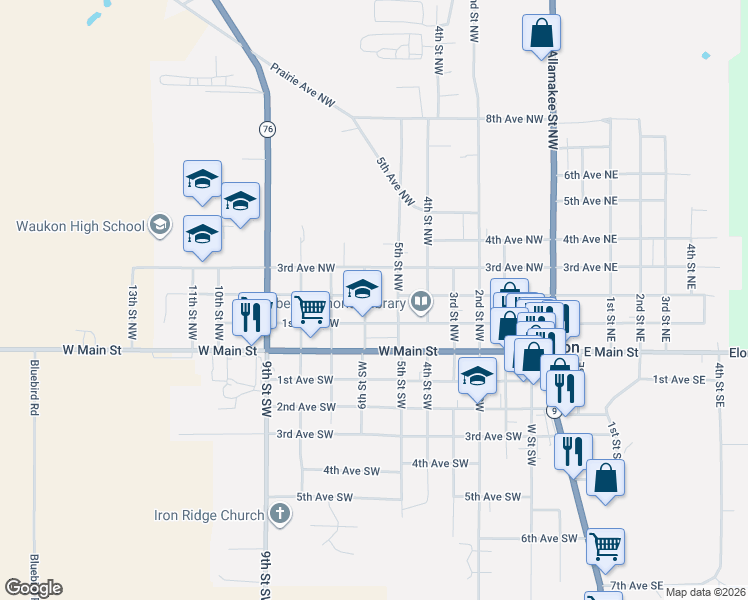 map of restaurants, bars, coffee shops, grocery stores, and more near 101-199 6th St NW in Waukon
