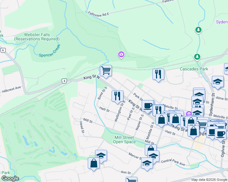 map of restaurants, bars, coffee shops, grocery stores, and more near 330 King Street West in Hamilton