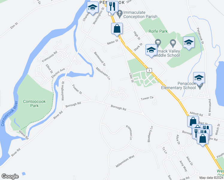 map of restaurants, bars, coffee shops, grocery stores, and more near 11 Maplewood Lane in Concord