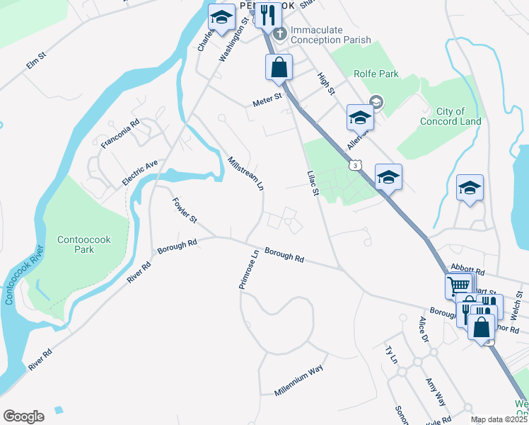 map of restaurants, bars, coffee shops, grocery stores, and more near 6 Maplewood Lane in Concord