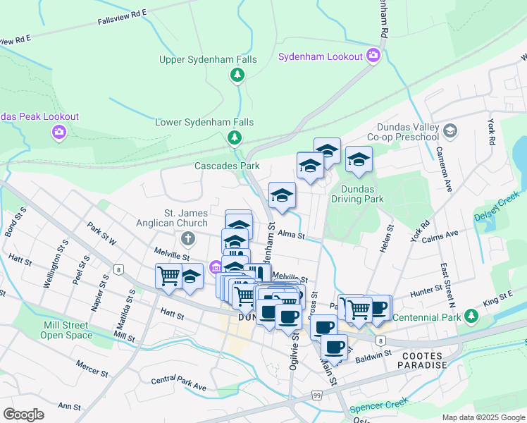 map of restaurants, bars, coffee shops, grocery stores, and more near 86 Sydenham Street in Hamilton