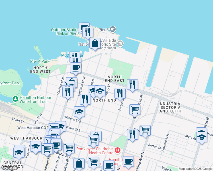 map of restaurants, bars, coffee shops, grocery stores, and more near 131 Wood Street East in Hamilton