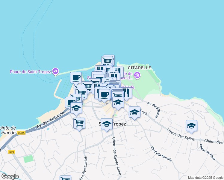 map of restaurants, bars, coffee shops, grocery stores, and more near 63 Rue Gambetta in Saint-Tropez