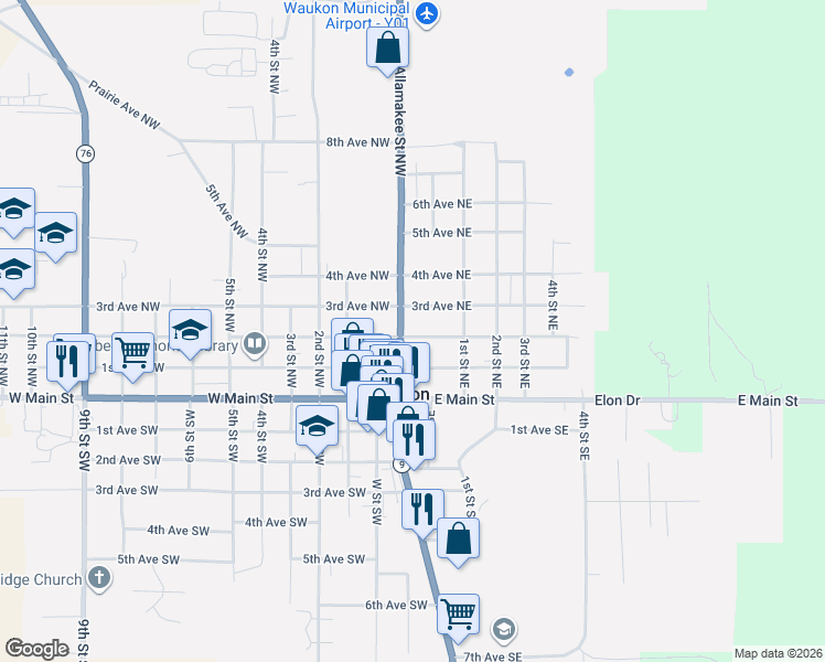 map of restaurants, bars, coffee shops, grocery stores, and more near 28-36 1st Ave NE in Waukon