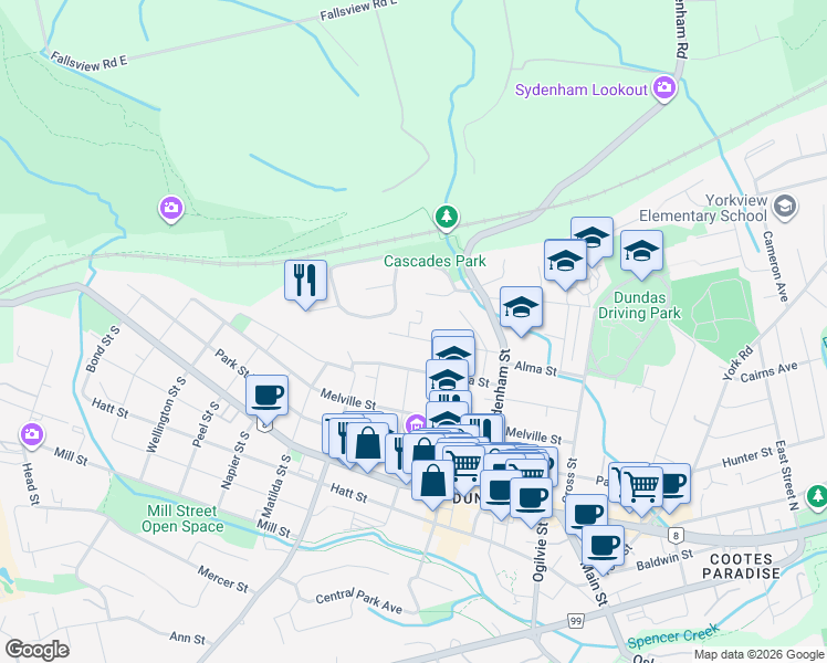 map of restaurants, bars, coffee shops, grocery stores, and more near 89 Alma Street in Hamilton