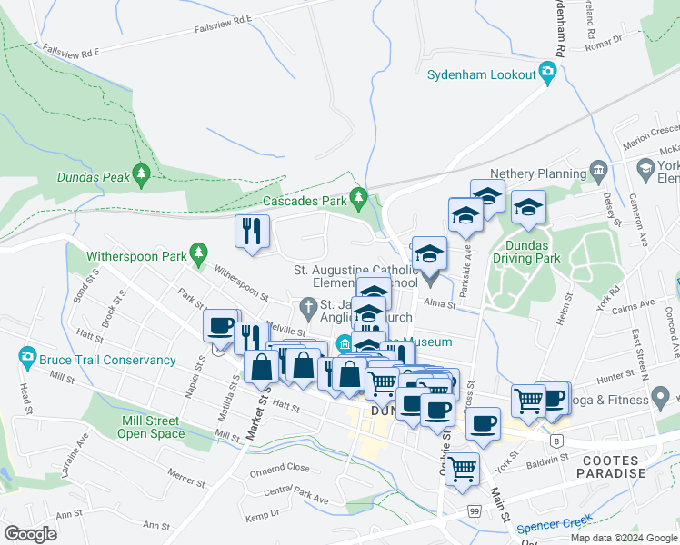 map of restaurants, bars, coffee shops, grocery stores, and more near 89 Alma Street in Hamilton