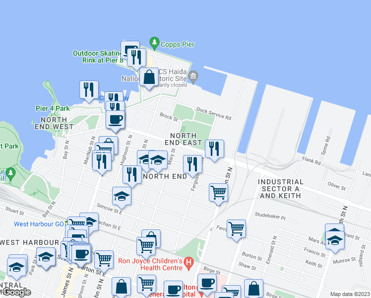 map of restaurants, bars, coffee shops, grocery stores, and more near 132 Burlington Street East in Hamilton