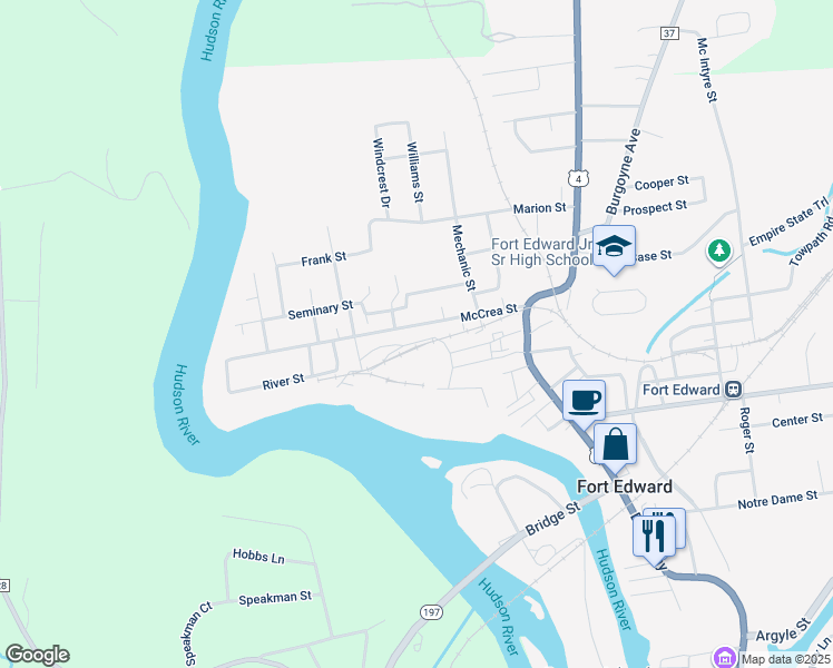 map of restaurants, bars, coffee shops, grocery stores, and more near 29 Seminary Street in Fort Edward