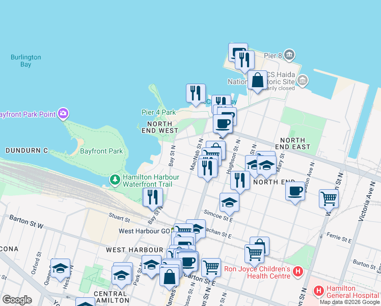 map of restaurants, bars, coffee shops, grocery stores, and more near 44 Macaulay Street West in Hamilton