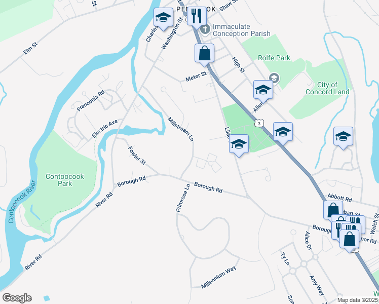 map of restaurants, bars, coffee shops, grocery stores, and more near 36 Millstream Lane in Concord