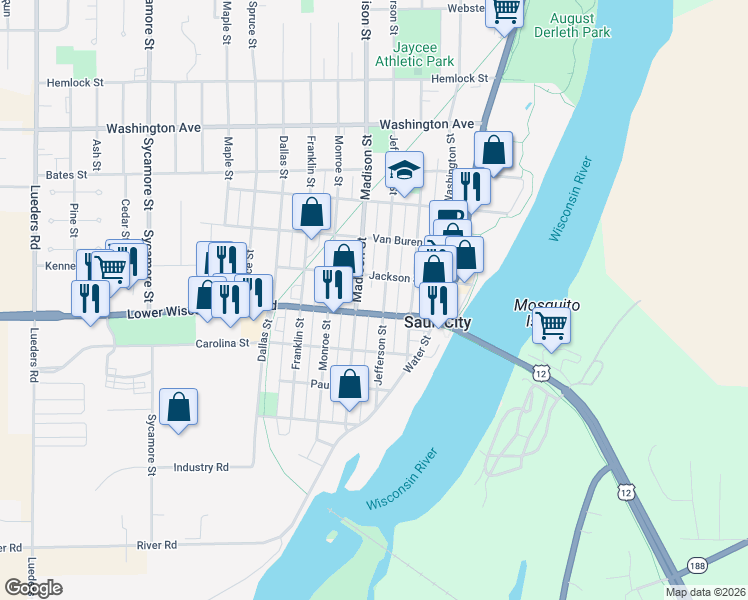 map of restaurants, bars, coffee shops, grocery stores, and more near 804 Madison Street in Sauk City