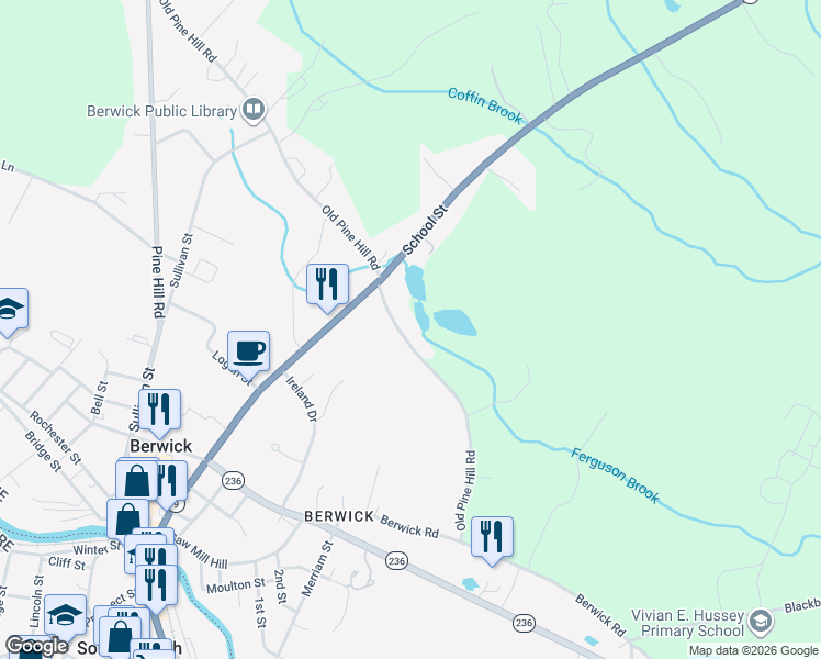map of restaurants, bars, coffee shops, grocery stores, and more near 48 Old Pine Hill Road in Berwick
