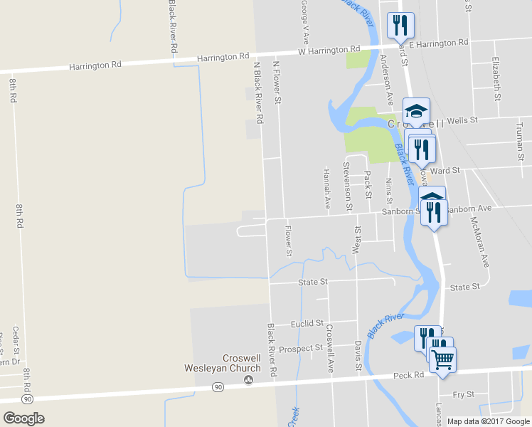 map of restaurants, bars, coffee shops, grocery stores, and more near 10 Black River Road in Croswell