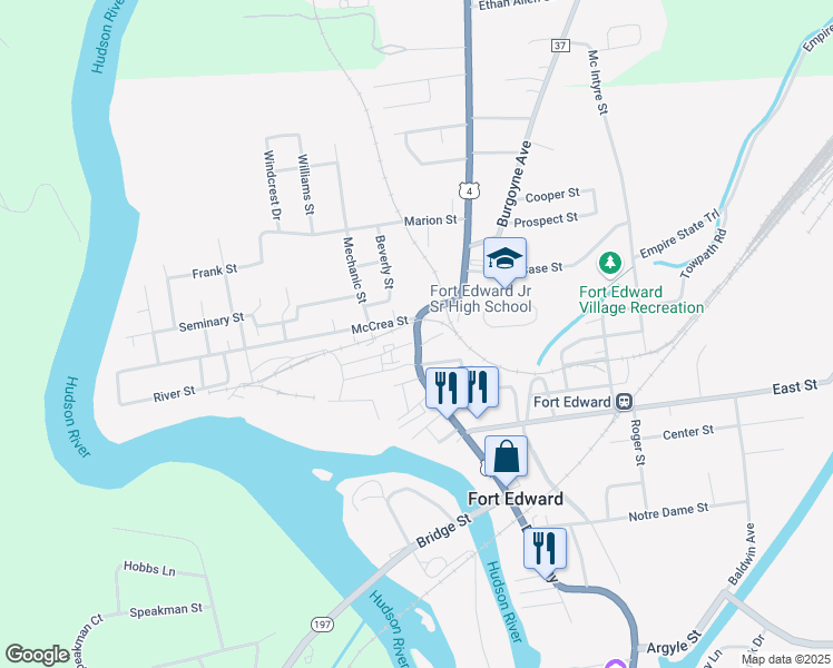 map of restaurants, bars, coffee shops, grocery stores, and more near 197 New York State Bicycle Route 9 in Fort Edward