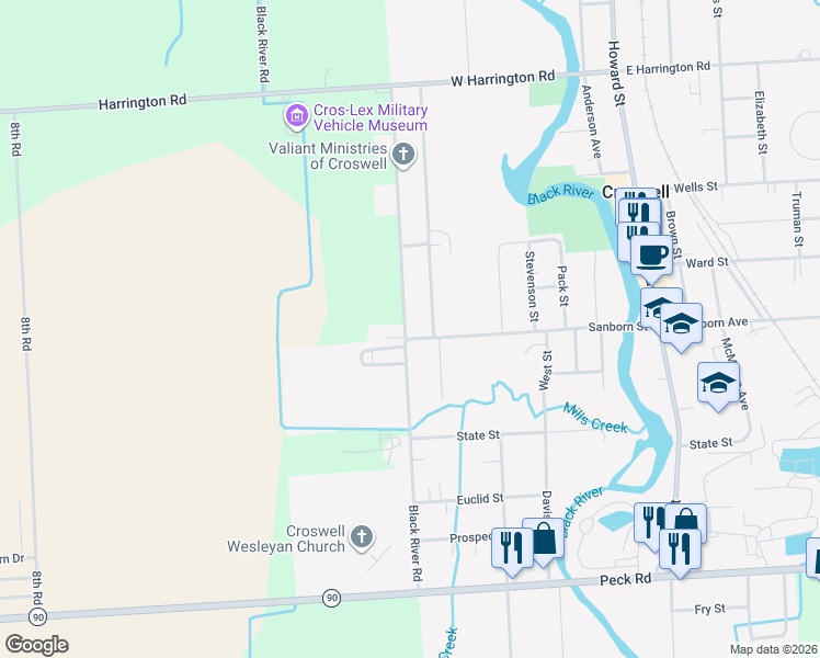 map of restaurants, bars, coffee shops, grocery stores, and more near 10 Black River Road in Croswell