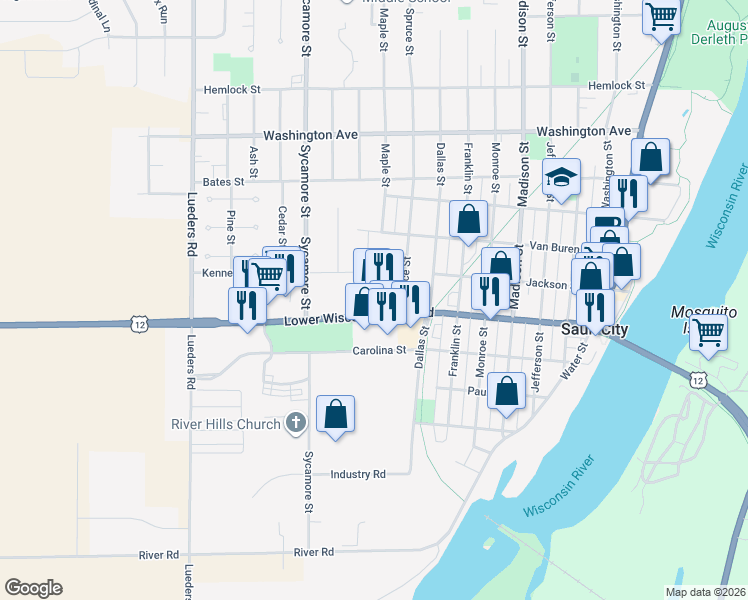 map of restaurants, bars, coffee shops, grocery stores, and more near 733 Phillips Boulevard in Sauk City