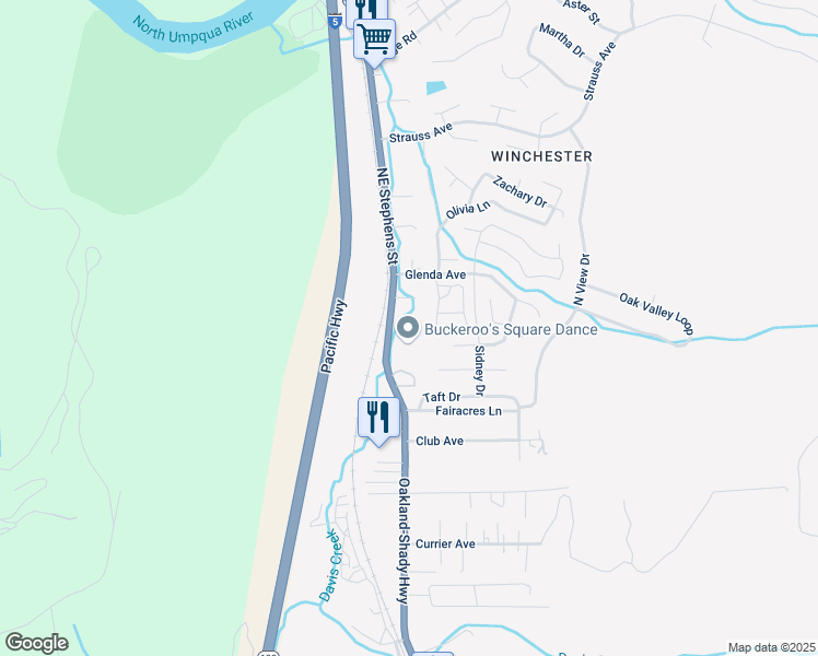 map of restaurants, bars, coffee shops, grocery stores, and more near 5083 Northeast Stephens Street in Roseburg North