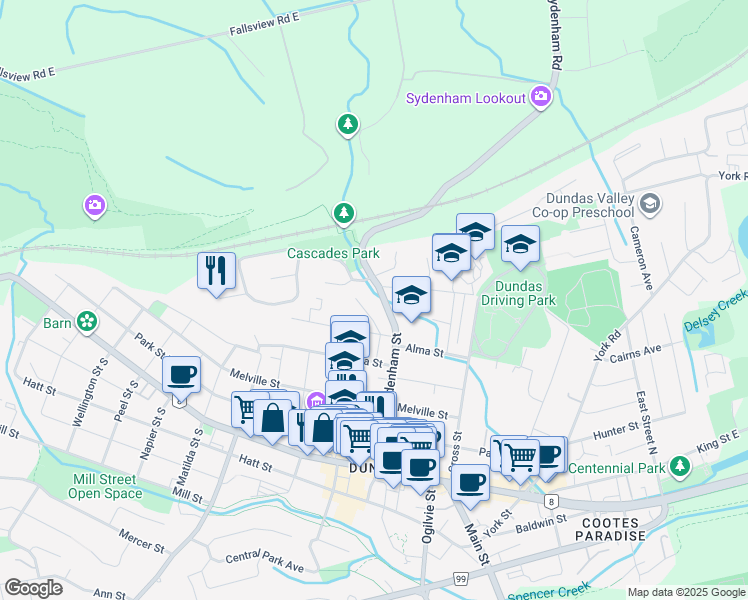 map of restaurants, bars, coffee shops, grocery stores, and more near 98 Sydenham Street in Hamilton