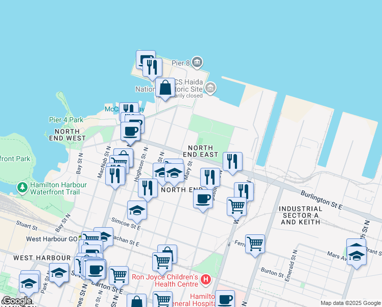 map of restaurants, bars, coffee shops, grocery stores, and more near in Hamilton