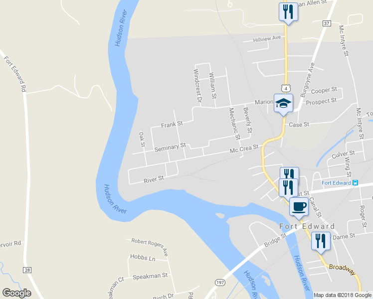 map of restaurants, bars, coffee shops, grocery stores, and more near 43 Seminary Street in Fort Edward