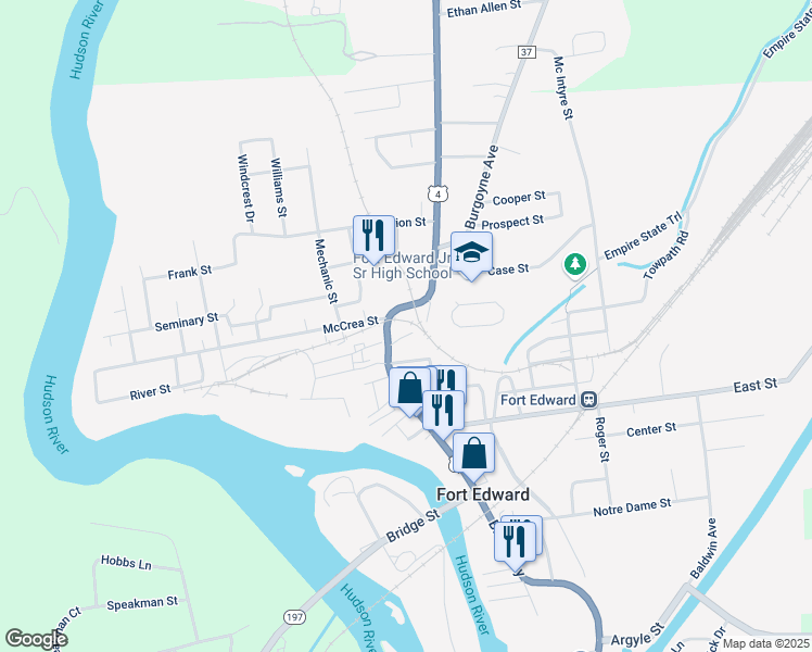 map of restaurants, bars, coffee shops, grocery stores, and more near 210 Broadway in Fort Edward