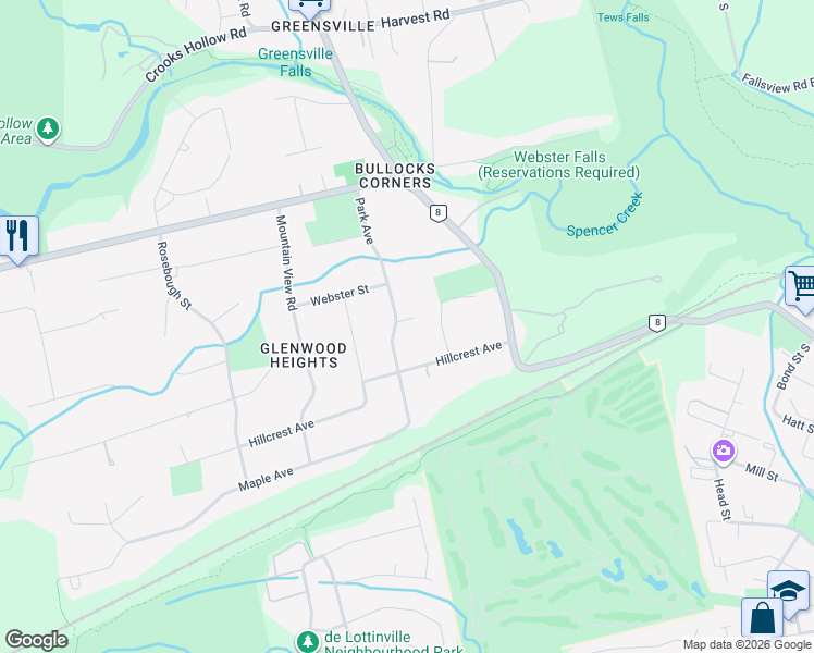 map of restaurants, bars, coffee shops, grocery stores, and more near 2 Highview Court in Hamilton