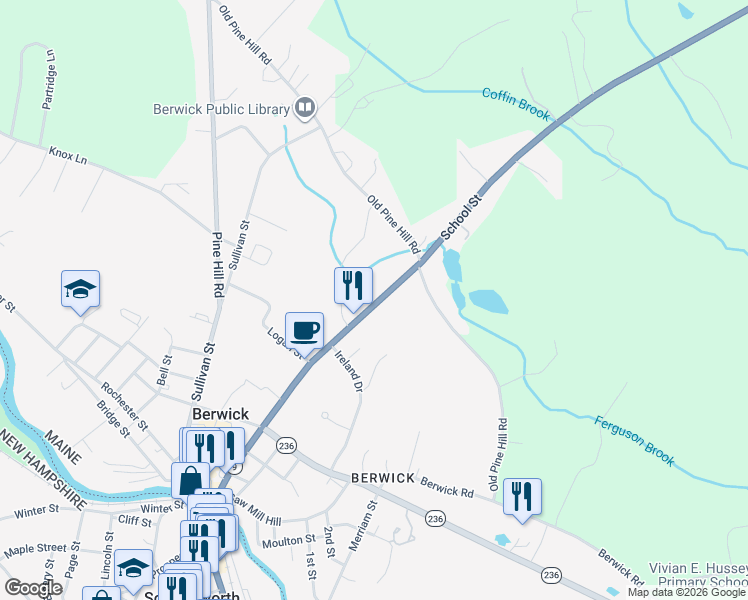 map of restaurants, bars, coffee shops, grocery stores, and more near 105 School Street in Berwick