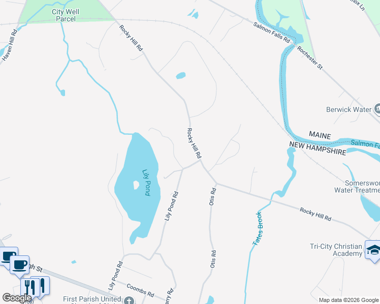 map of restaurants, bars, coffee shops, grocery stores, and more near 160 Lily Pond Road in Somersworth