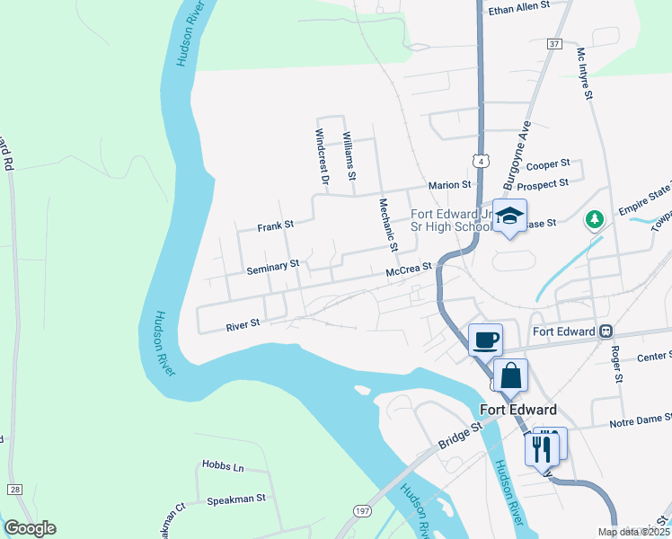 map of restaurants, bars, coffee shops, grocery stores, and more near 29 Seminary Street in Fort Edward