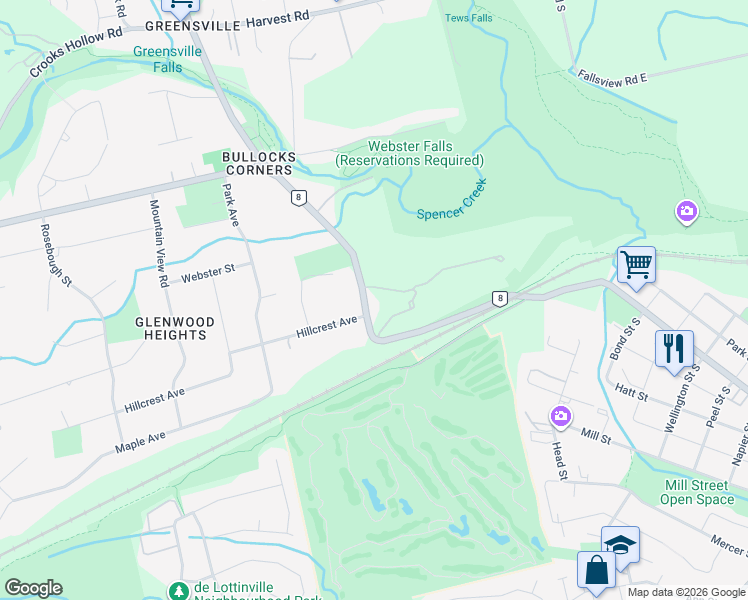 map of restaurants, bars, coffee shops, grocery stores, and more near 40 Highway 8 in Hamilton
