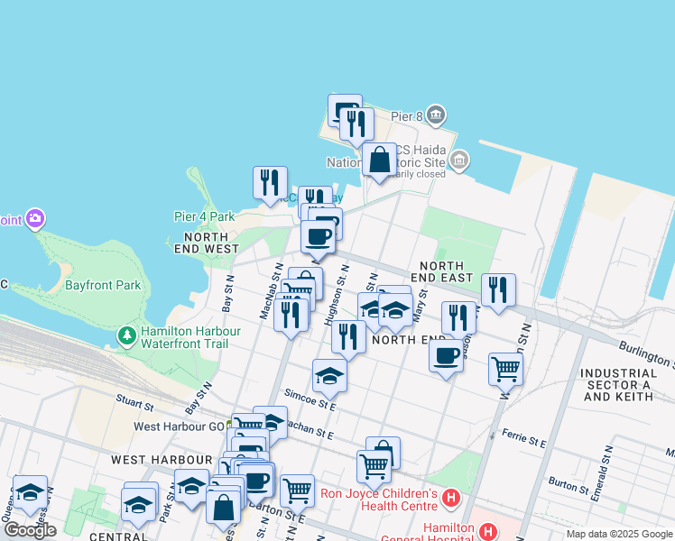 map of restaurants, bars, coffee shops, grocery stores, and more near 505 Hughson Street North in Hamilton
