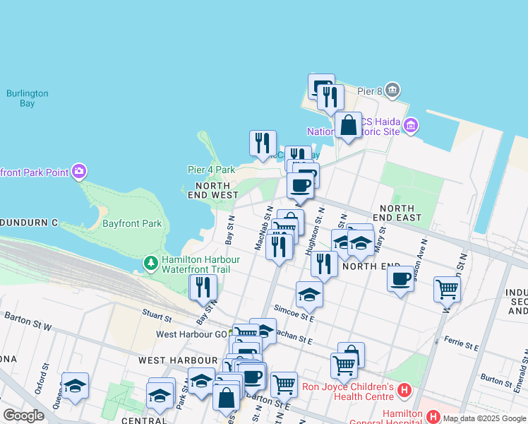 map of restaurants, bars, coffee shops, grocery stores, and more near 457 MacNab Street North in Hamilton