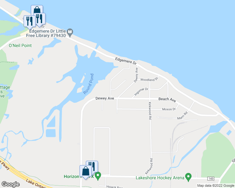 map of restaurants, bars, coffee shops, grocery stores, and more near 5111 Dewey Avenue in Rochester