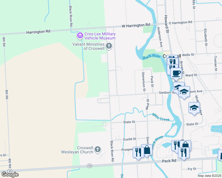 map of restaurants, bars, coffee shops, grocery stores, and more near 26 North Black River Road in Croswell