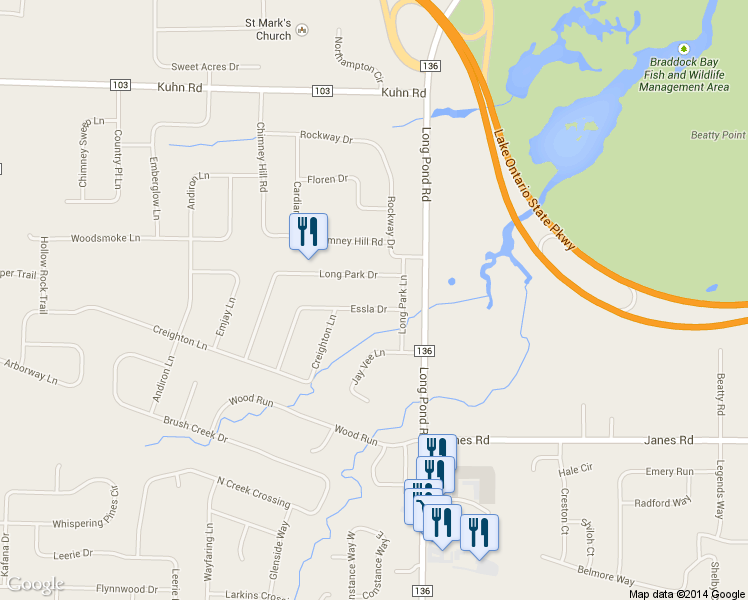 map of restaurants, bars, coffee shops, grocery stores, and more near 32 Essla Drive in Rochester