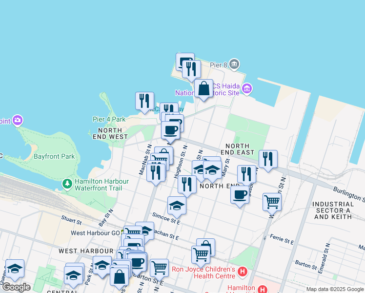 map of restaurants, bars, coffee shops, grocery stores, and more near 509 Hughson Street North in Hamilton
