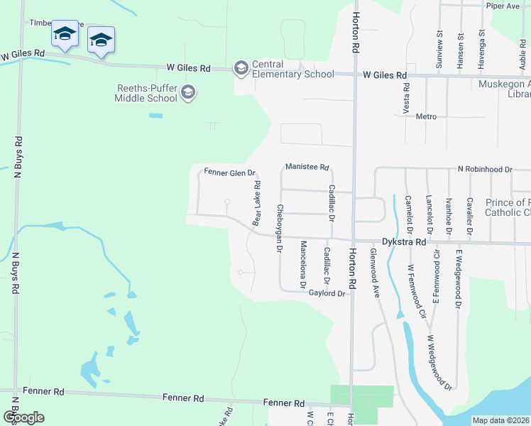 map of restaurants, bars, coffee shops, grocery stores, and more near 1042 Bear Lake Road in Muskegon