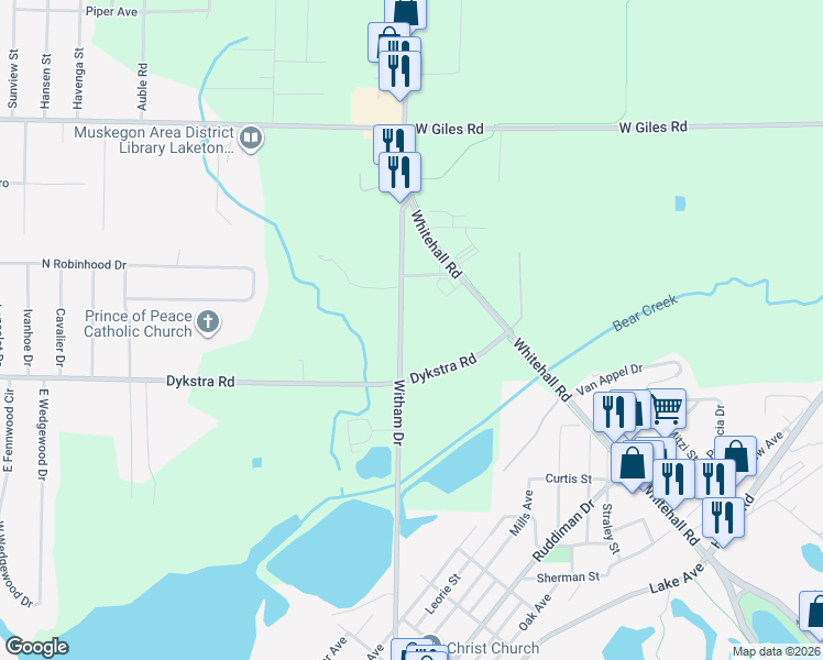 map of restaurants, bars, coffee shops, grocery stores, and more near 1097 Witham Road in Muskegon