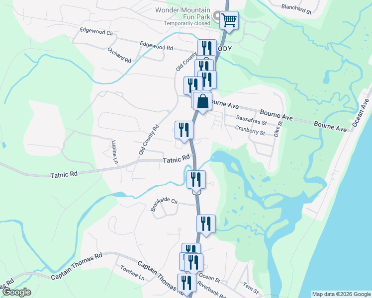 map of restaurants, bars, coffee shops, grocery stores, and more near 40 Post Road in Wells