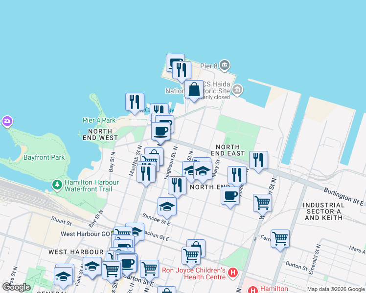 map of restaurants, bars, coffee shops, grocery stores, and more near 42 Burlington Street East in Hamilton
