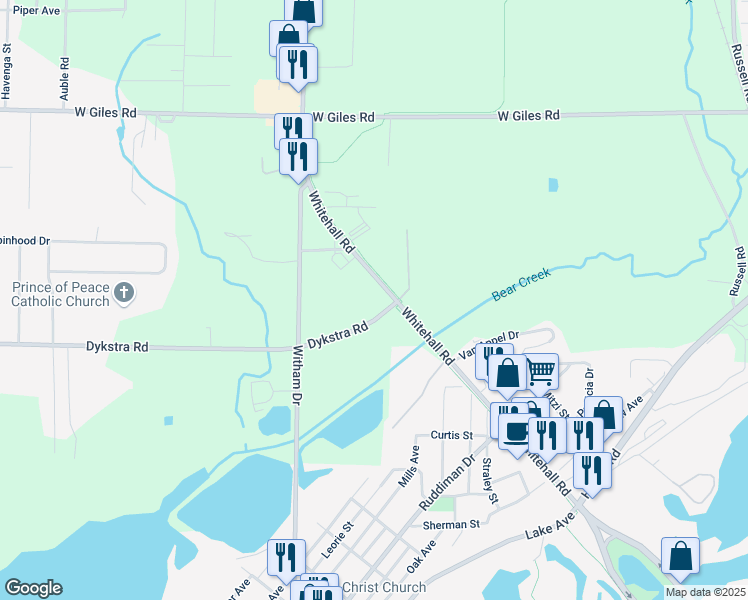 map of restaurants, bars, coffee shops, grocery stores, and more near 622 Dykstra Road in Muskegon