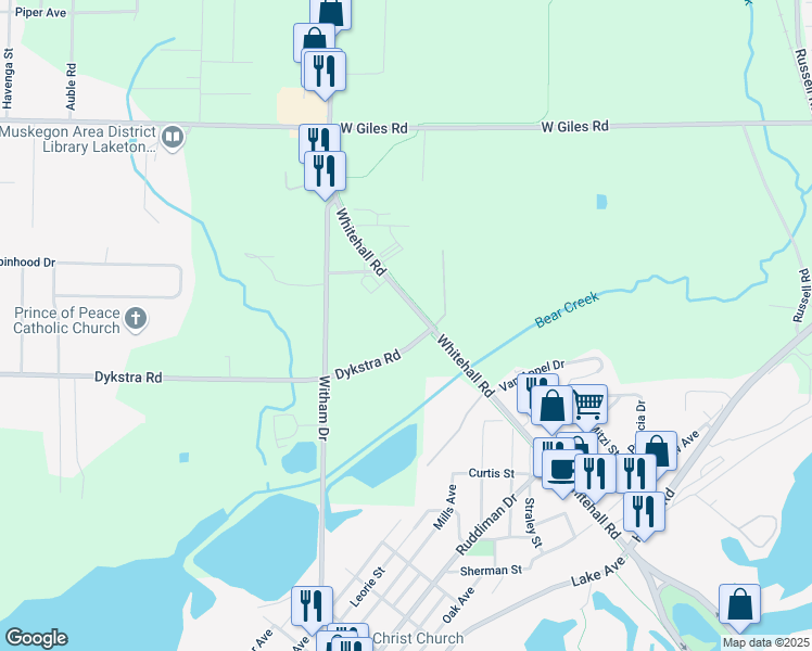 map of restaurants, bars, coffee shops, grocery stores, and more near 622 Dykstra Road in Muskegon