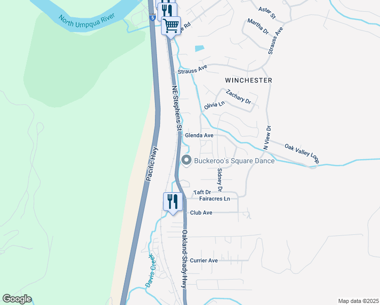 map of restaurants, bars, coffee shops, grocery stores, and more near 5083 Northeast Stephens Street in Roseburg North