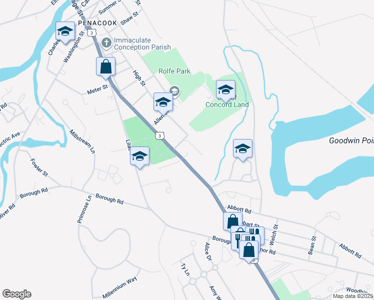 map of restaurants, bars, coffee shops, grocery stores, and more near 106 Village Street in Concord