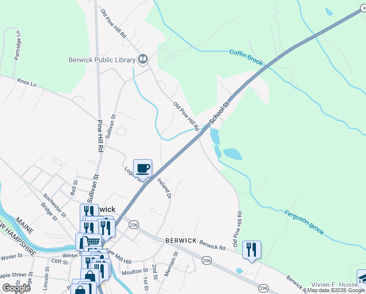 map of restaurants, bars, coffee shops, grocery stores, and more near 105 School Street in Berwick
