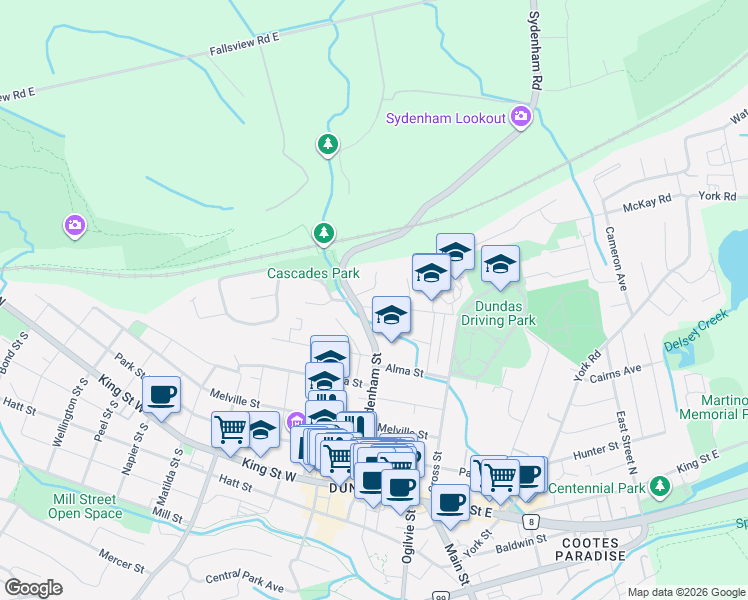 map of restaurants, bars, coffee shops, grocery stores, and more near 55 Cayley Street in Hamilton