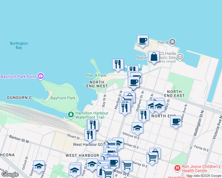 map of restaurants, bars, coffee shops, grocery stores, and more near in Hamilton