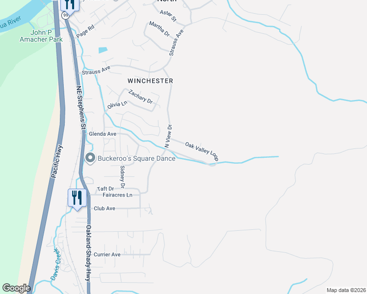 map of restaurants, bars, coffee shops, grocery stores, and more near 554 Oak Valley Loop in Roseburg North